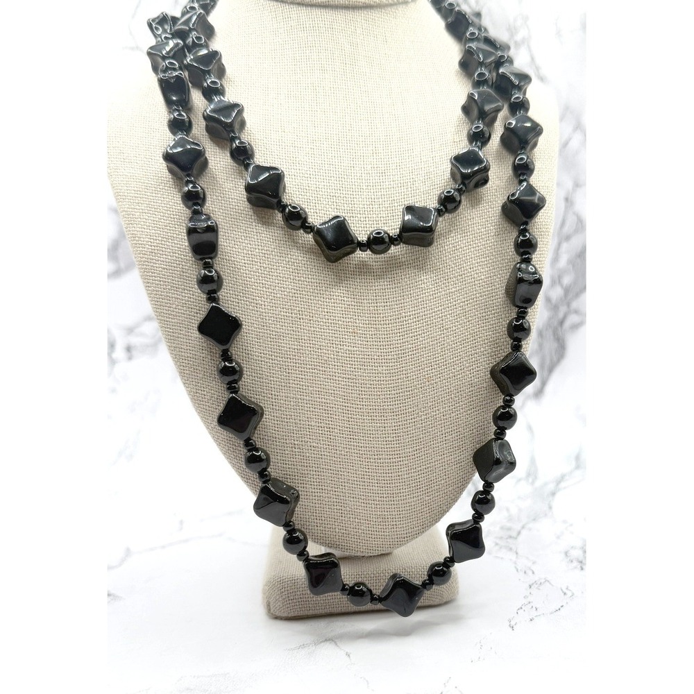 Black Glass Bead Necklace 32" Long Chunky Statement Layering